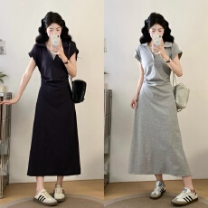 批发实拍大码女装2026夏季新款收腰显瘦POLO领长裙短袖连衣裙