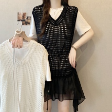 批发实拍大码女装2026新款不规则网纱拼接针织镂空马甲叠穿两件套