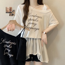 批发实拍<b class='q'>大码</b>女装2026夏季新款小众设计感露肩T恤拼接雪纺下摆上衣