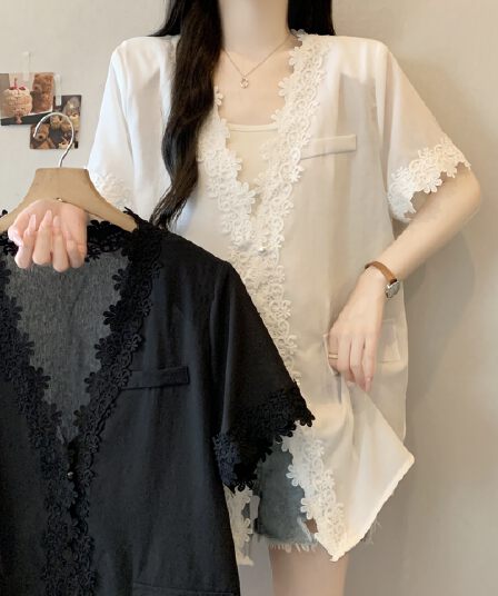 실사 빅 사이즈 여성 의류 2026 여름 새로운 레이스 레이스 패치워크 면 린넨 정장 재킷 반팔 자외선 차단 외부 가져 가라.