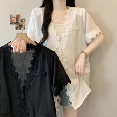 批发实拍大码女装2026夏季新款蕾丝花边拼接<b class='q'>棉麻</b>西服外套短袖防晒外搭