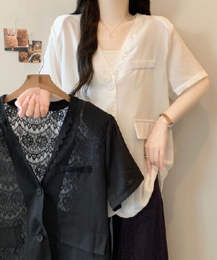 실사 빅 사이즈 여성 의류 2026 여름 새로운 뒤로 홀로우 아웃 레이스 반팔 루즈핏 얇은 스타일 자외선 차단 블레이저