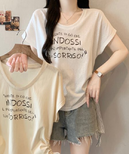 실사 빅 사이즈 여성 의류 2026 여름 새로운 V넥 반팔 티셔츠 측면 레이스 펌프 로프 허리 수축 슬림해 보이는 맨위