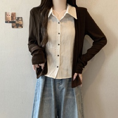 批发实拍大码<b class='q'>女装</b>2026秋冬新款撞色拼接条纹针织衫假两件上衣