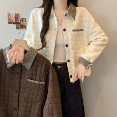 批发实拍大码女装2026秋冬新款格子拼接宽松上衣保暖棉服夹克外套