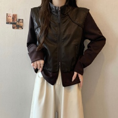 批发实拍大码女装2026秋冬新款休闲叠穿假两件皮马甲拼接短外套