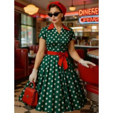 批发<b class='q'>欧美</b>跨境优雅复古赫本风数码印花波点撞色腰带<b class='q'>连衣裙</b>