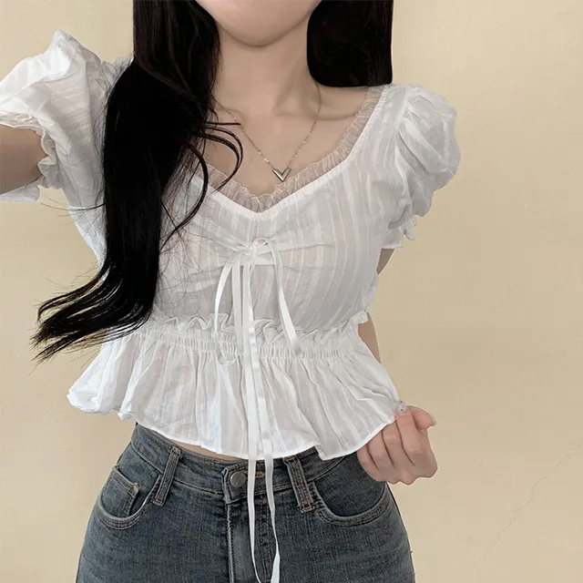 있음 선적 레이스 칼라 패치워크 반팔 작은 셔츠
