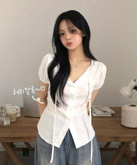 있음 선적 chic 패션 V넥 레이스업 몸매 가꾸기 셔츠