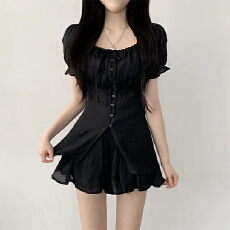 批发已出货方领系带收腰短袖衬衣+短裙<b class='q'>套装</b>