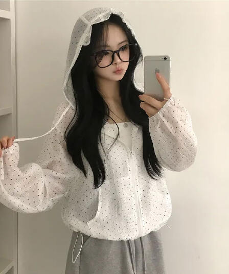 있음 선적 chic 후드 도트 무늬 자외선 차단 여성 루즈핏 캐주얼 맨위 여성 코트