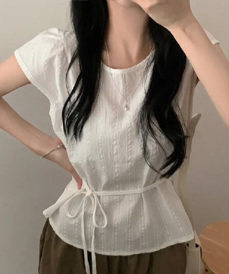 있음 선적 chic 라운드 넥 허리 수축 끈 셔츠
