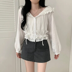 批发已出货法式设计松紧腰收腰连帽花边长袖衬衫女