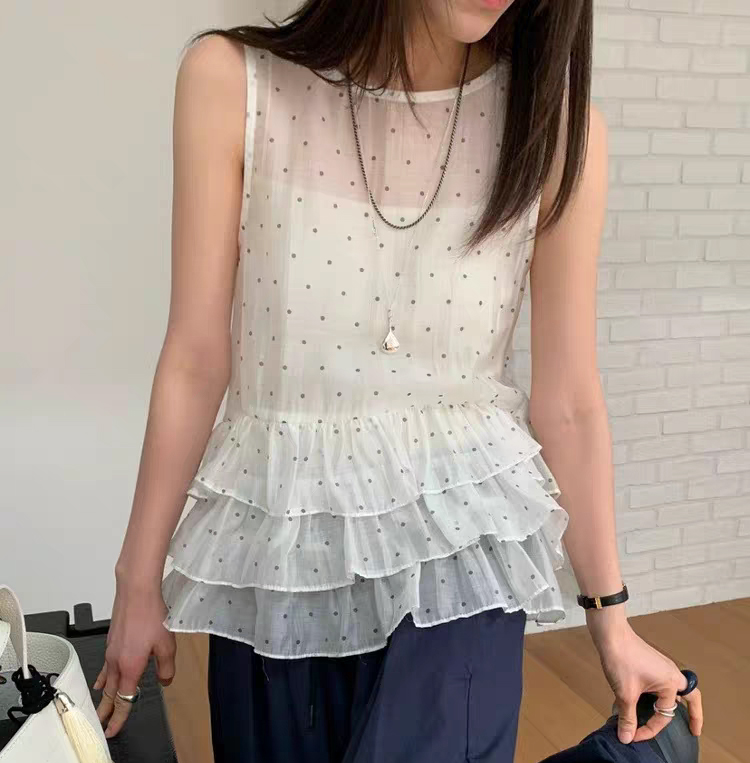 있음 선적 chic 달콤함 민소매 도트 무늬 프릴 작은 셔츠 슬립