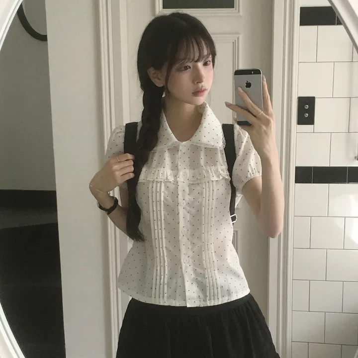 chic 작은 대중 한국 스타일 꽃무늬 도트 무늬 레이스 소녀 프릴 반팔 셔츠