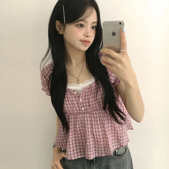 있음 선적 chic 달콤함 귀여운 체크무늬 반팔 셔츠