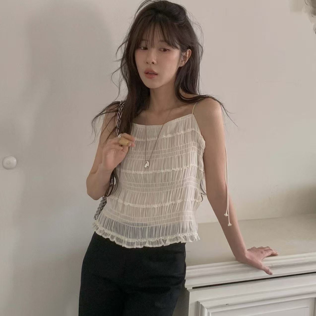 있음 선적 chic 품격 부드러운 Pleat 측면 청 ~을 통해 센스 주름 다용도 캐미솔