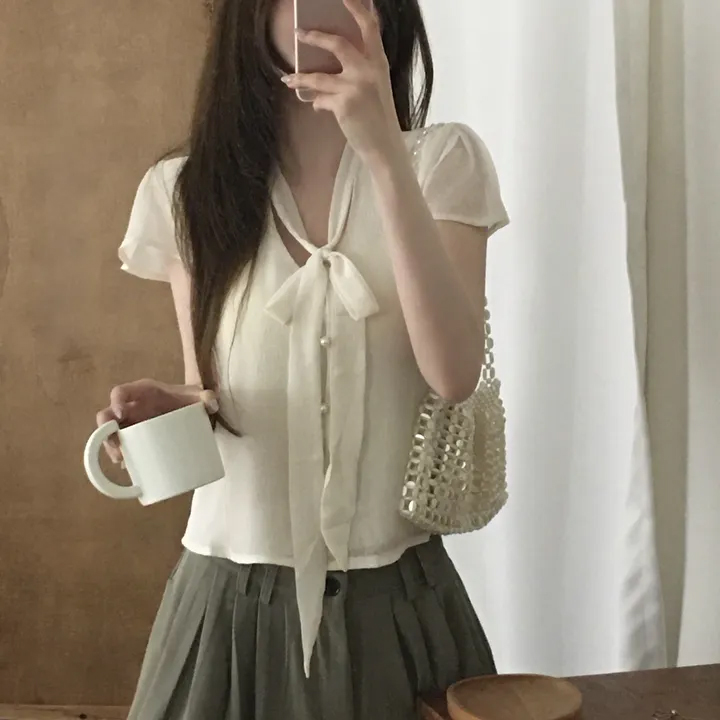 있음 선적 chic 패션 V넥 끈 작은 셔츠