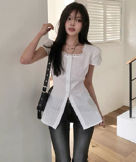 있음 선적 chic 여름 분기 별 칼라 레이스 패치워크 셔츠 레이스업 허리 수축 작은 셔츠 맨위