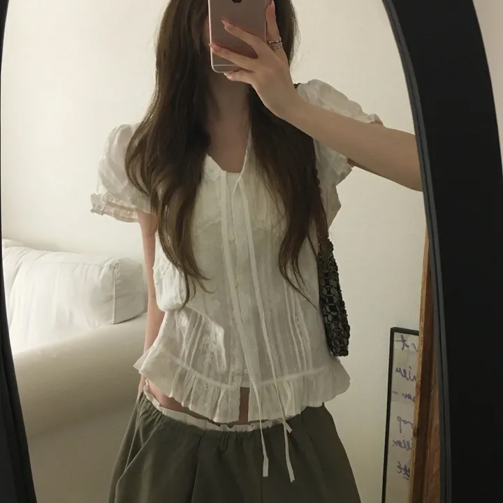 있음 선적 chic 다용도 V넥 패션 레이스 패치워크 작은 셔츠