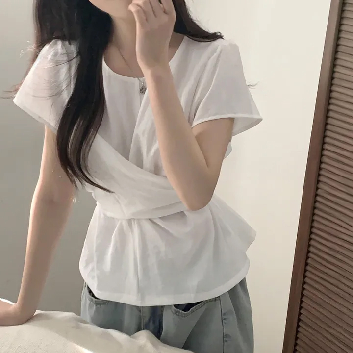 있음 선적 chic 개성 뒤로 스트랩 끈 라운드 넥 반팔 작은 셔츠