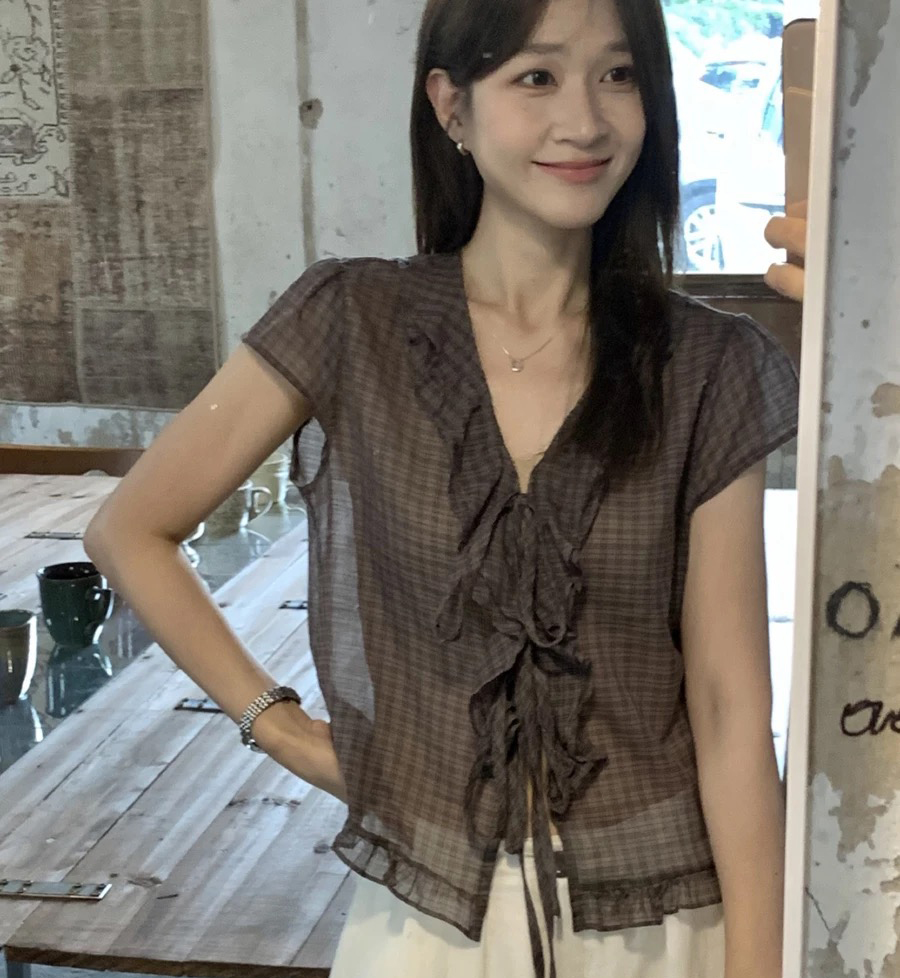 있음 선적 얇고 가벼운 시스루 프릴 체크무늬 작은 셔츠