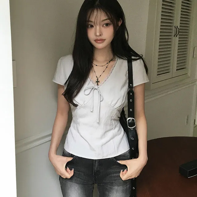 chic 패션 V넥 레이스 패치워크 작은 셔츠