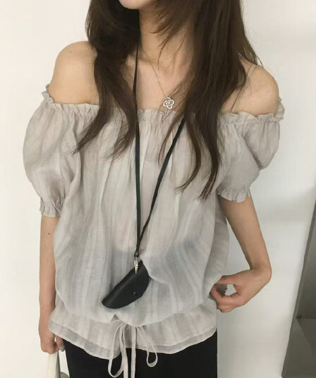 있음 선적 chic 허리 수축 슬림해 보이는 오프숄더 반팔 작은 셔츠