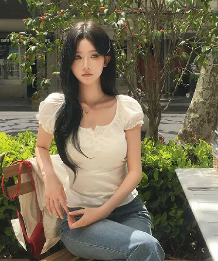 chic 프릴 커프스 디자인 허리 수축 슬림해 보이는 디자인 미니멀리즘 작은 셔츠