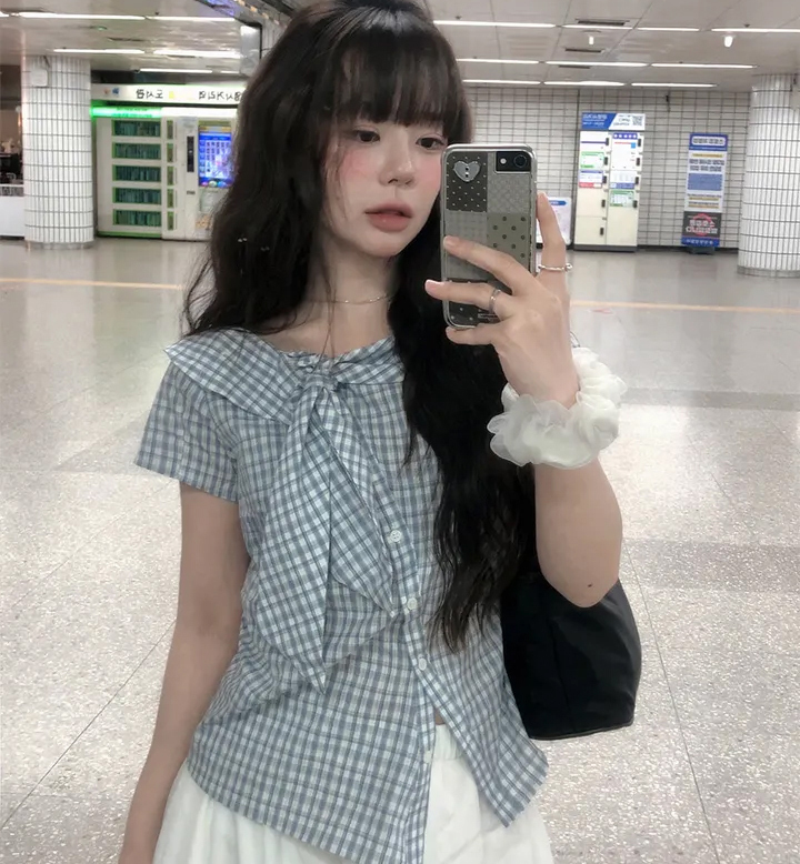 chic 개성 나비 매듭 끈 체크무늬 작은 셔츠