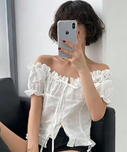 있음 선적 chic 패션 달콤함 자수 레이스업 허리 수축 주름 반팔 여성 셔츠