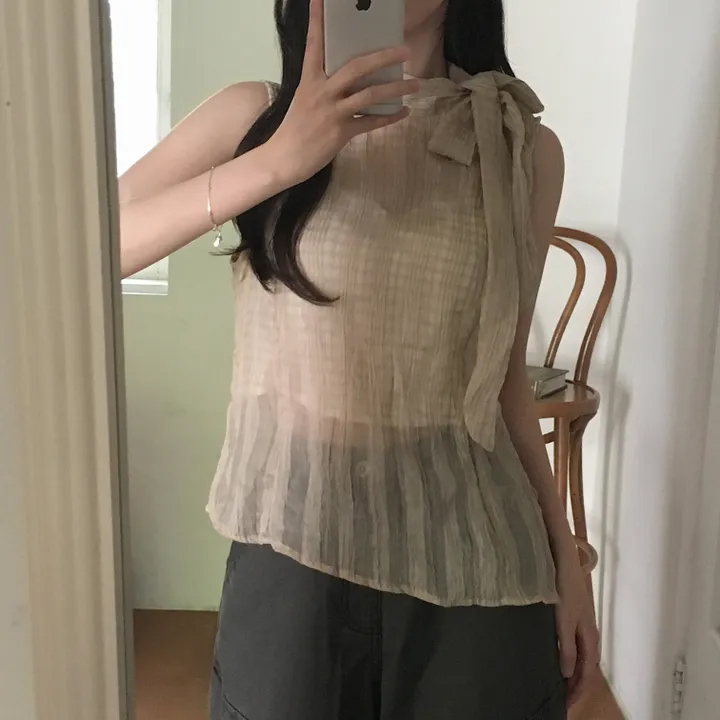 있음 선적 한국 ins 레트로 스탠드 칼라 행침 목 나비 매듭 스트랩 질감 센스 주름 체크무늬 민소매 셔츠