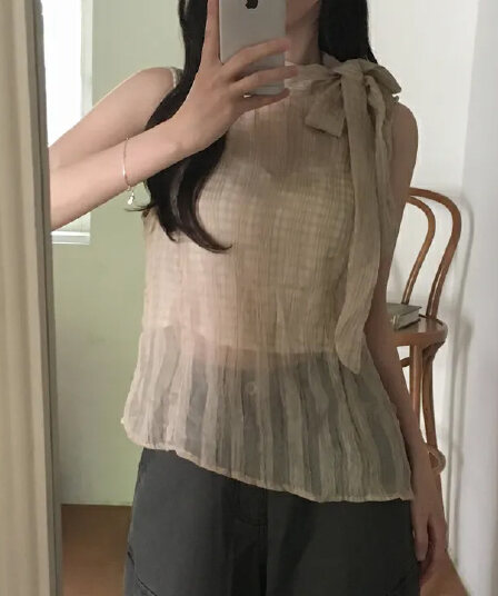 있음 선적 한국 ins 레트로 스탠드 칼라 행침 목 나비 매듭 스트랩 질감 센스 주름 체크무늬 민소매 셔츠