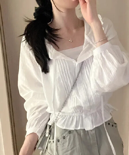 있음 선적 chic 패션 레이스 패치워크 허리 수축 슬림해 보이는 긴팔 작은 셔츠