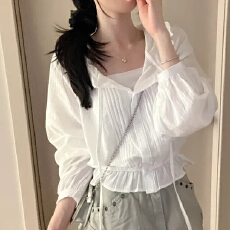 批发已出货 chic时尚花边拼接收腰显瘦长袖小衫
