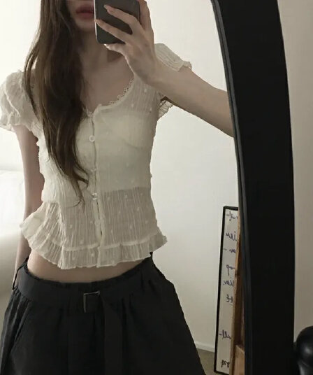 있음 선적 chic 달콤함 품격 주름 레이스 레이스 V넥 거품 소매 프릴 셔츠