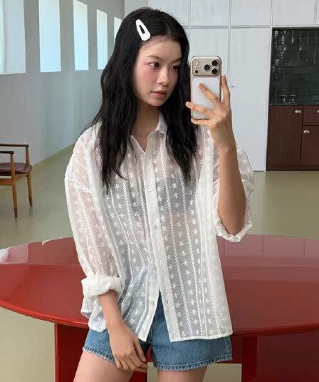 있음 선적 chic 느긋한 바람 루즈핏 홀로우 아웃 자수 재킷 셔츠