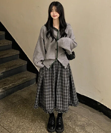 chic 단순한 다용도 체크무늬 반신 스커트