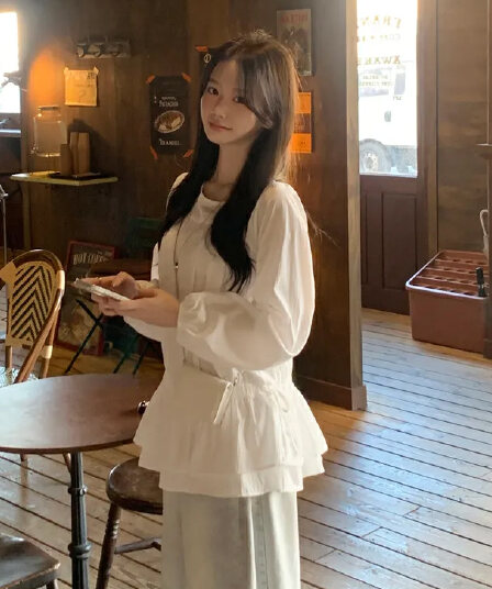 있음 선적 chic 패션 허리 수축 펌프 로프 프릴 긴팔 셔츠