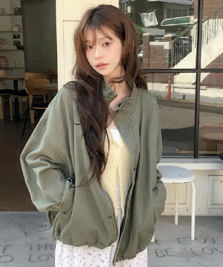 chic 가을 루즈핏 가을 어깨 펌프 로프 레트로 마 오래된 스탠드 칼라 워크웨어 재킷