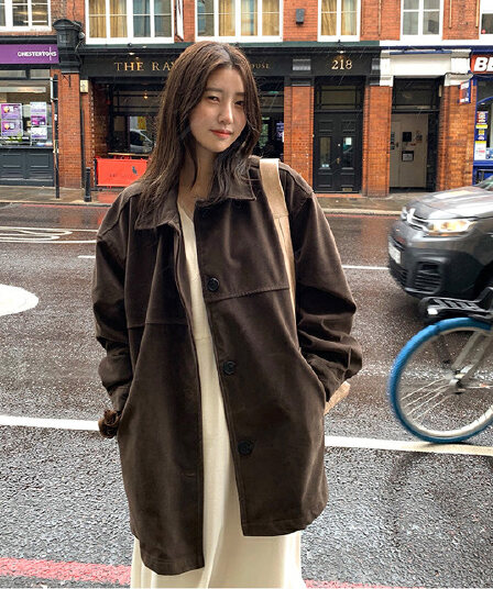 있음 선적 chic 한국 레트로 아름다움 라드. 루즈핏 스트레이트 스웨이드 원단 재킷 재킷