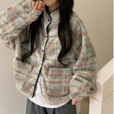 批发已出货 chic时尚两色抽象格纹印花羊羔绒外套两面穿
