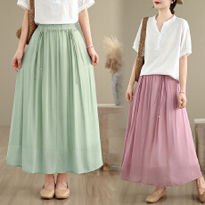 批发实拍夏季文艺大码宽松系带编织中国风大摆长款半身裙舞蹈茶服