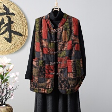 批发复古棉麻印花盘扣棉衣马甲女2025秋冬新款中式对襟圆领坎肩外套