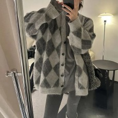批发慵懒风气质复古菱格针织衫女装2025秋冬新款休闲软糯百搭毛衣外套