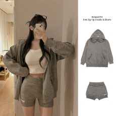 批发时尚套装女<b class='q'>秋</b>冬连帽毛衣开衫显瘦针织短裤韩版休闲洋气两件套