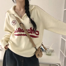 批发秋冬 设计感加厚毛衣设计感美式运动风宽松<b class='q'>翻领</b>长袖针织衫