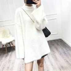 批发韩版宽袖慵懒风大码宽松水貂绒针织衫中长款加厚毛衣女