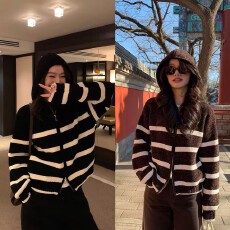 批发条纹连帽毛衣开衫女设计感小众拉链开衫外套休闲慵懒上衣