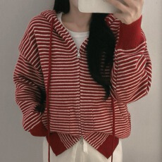 批发冬季新款韩版宽松休闲百搭显瘦条纹连帽针织衫毛衣拉链外套女